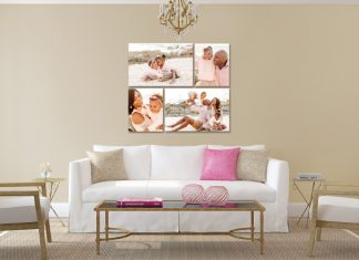 Create your own canvas Canvas with family images on wall behind a sofa and chairs