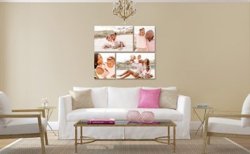 Create your own canvas Canvas with family images on wall behind a sofa and chairs